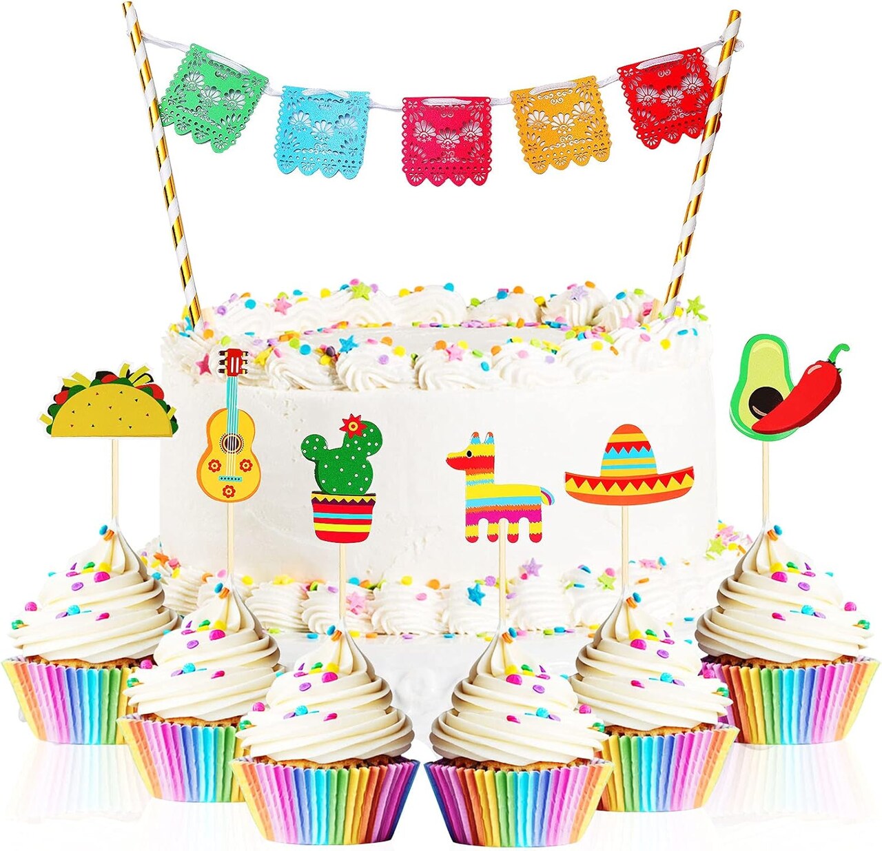 43 Pcs Fiesta Cupcake Topper and Picado Banner for Fiesta Party Decorations Mexican Theme Cake Decorations for Mexican Themed Cactus Donkey Taco Pepper Sombrero Mustache Party Decorations